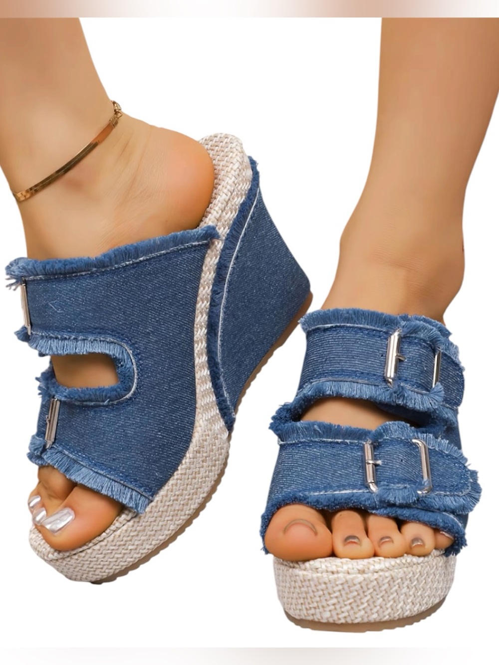 Denim Blue Wedge Slide Sandals with Buckle Straps